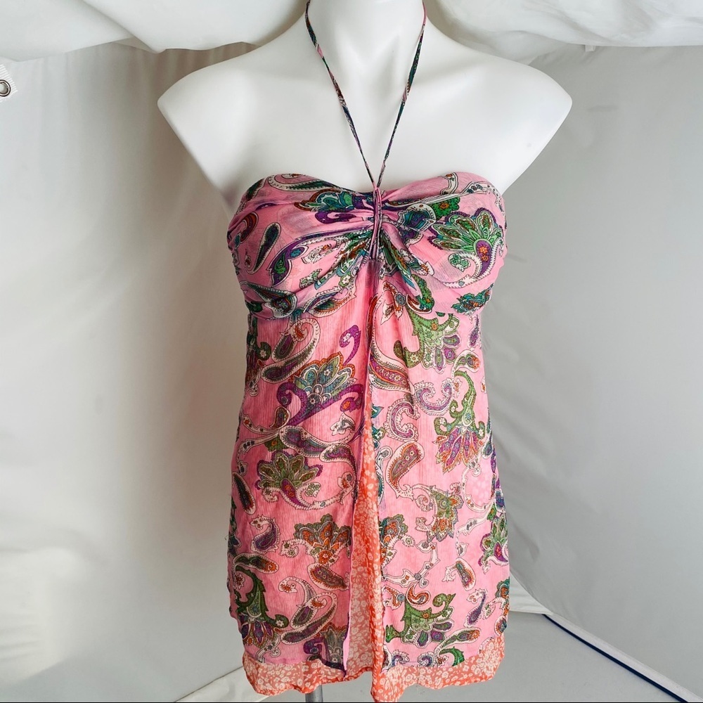 Arden B Luxe boho multicolor pink coral green silk flyaway halter top S